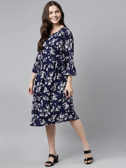 Women's Dark Blue Chiffon Floral Printed Dress