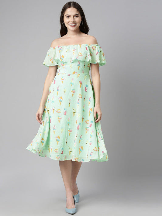 Women's Green Georgette Graphic Printed Dress