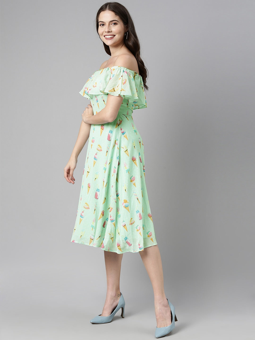 Women's Green Georgette Graphic Printed Dress