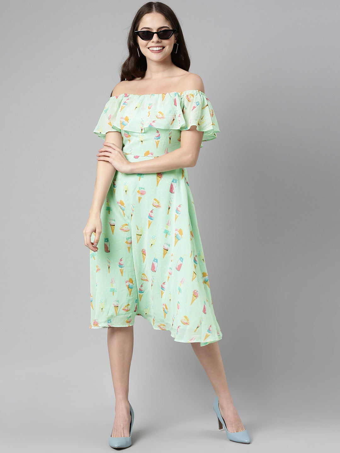 Women's Green Georgette Graphic Printed Dress