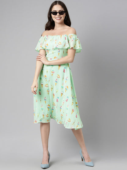 Women's Green Georgette Graphic Printed Dress