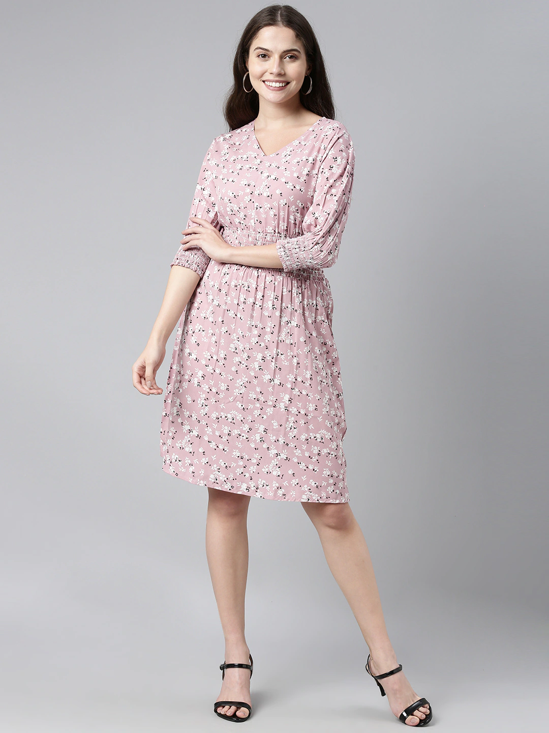 Women's Pink Crepe Floral Printed Dress