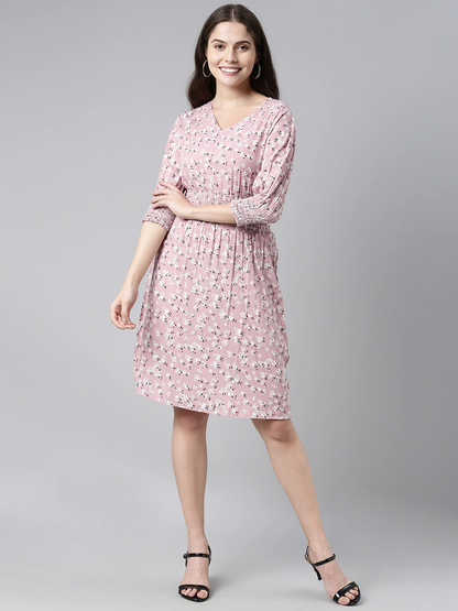 Women's Pink Crepe Floral Printed Dress