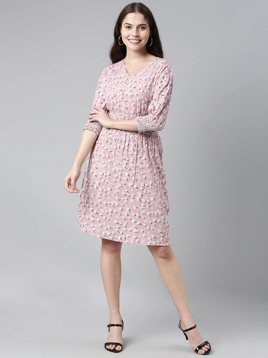 Women's Pink Crepe Floral Printed Dress