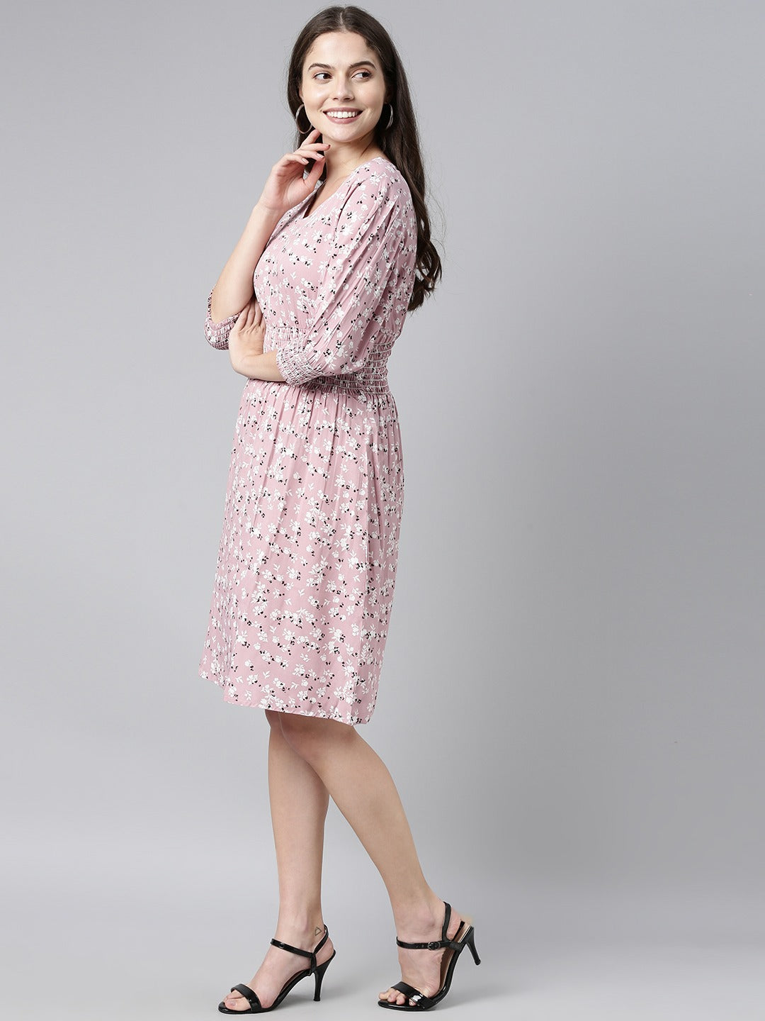 Women's Pink Crepe Floral Printed Dress