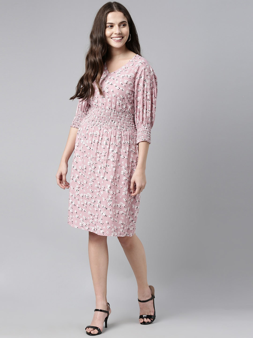 Women's Pink Crepe Floral Printed Dress
