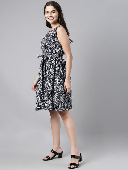 Women's Black Crepe Abstract Printed Dress