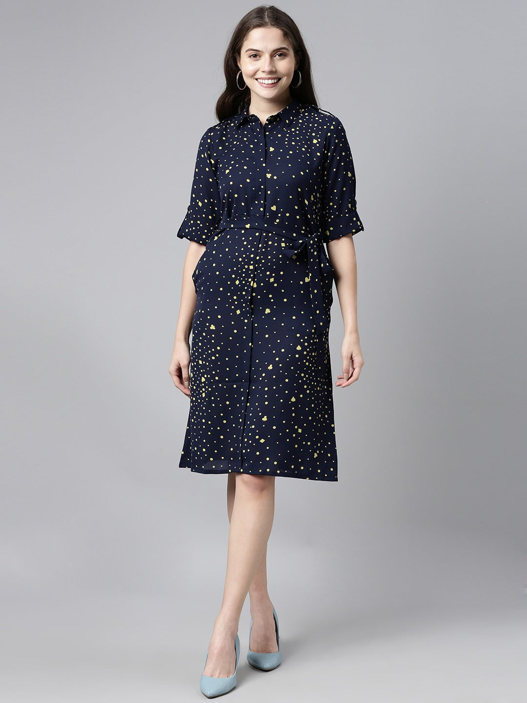 Women's Dark Blue Georgette Geometric Printed Dress