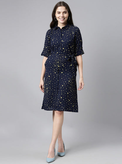 Women's Dark Blue Georgette Geometric Printed Dress