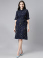 Women's Dark Blue Georgette Geometric Printed Dress