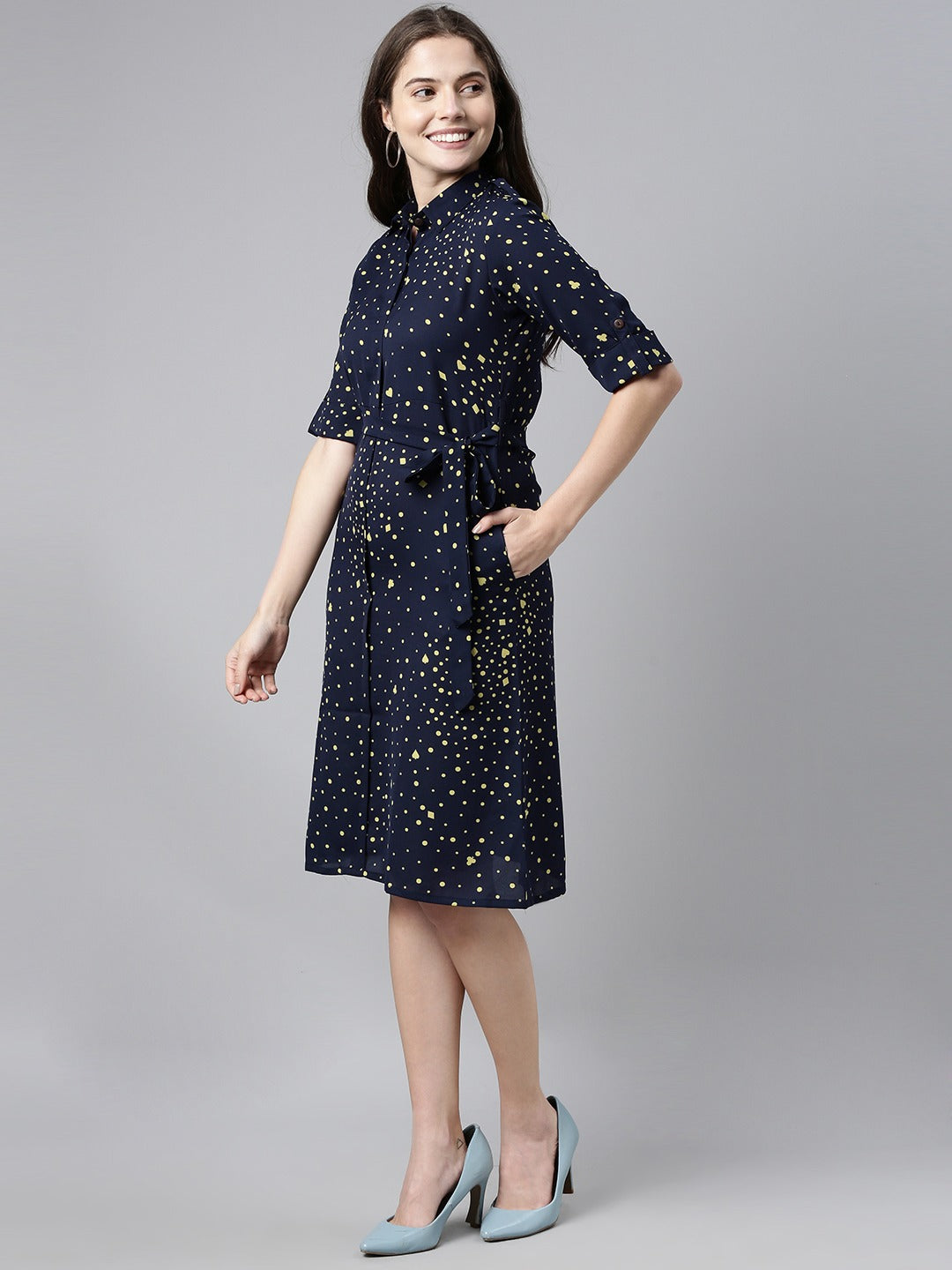 Women's Dark Blue Georgette Geometric Printed Dress