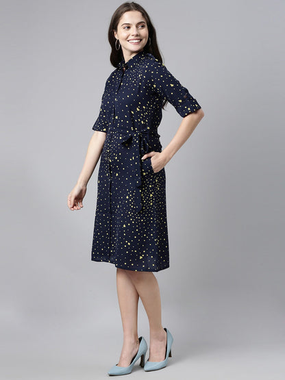 Women's Dark Blue Georgette Geometric Printed Dress