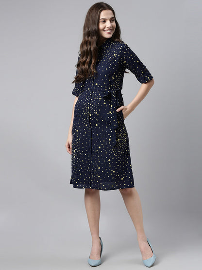 Women's Dark Blue Georgette Geometric Printed Dress