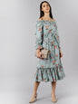 Women's Blue Crepe Floral Printed Dress