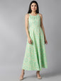 Women's Green Cotton Floral Printed Dress