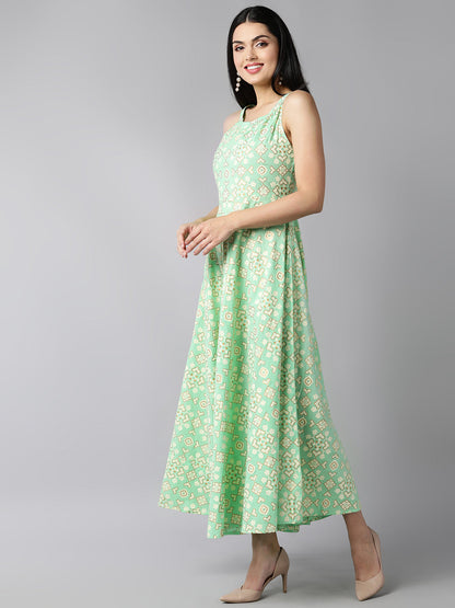 Women's Green Cotton Floral Printed Dress