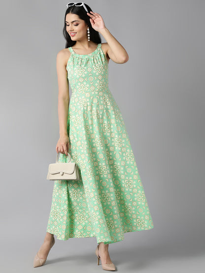 Women's Green Cotton Floral Printed Dress