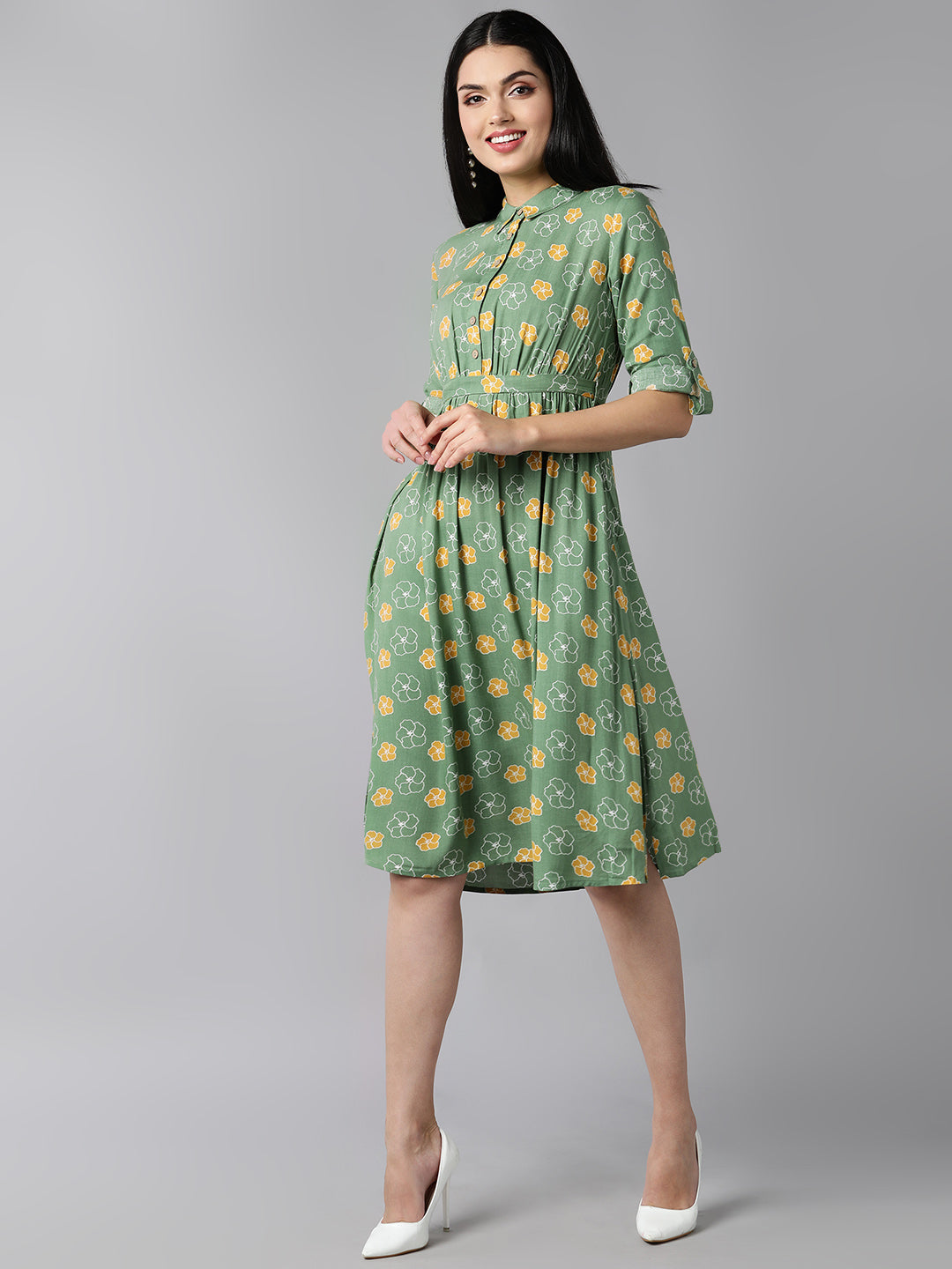 Women's Green Cotton Floral Printed Dress