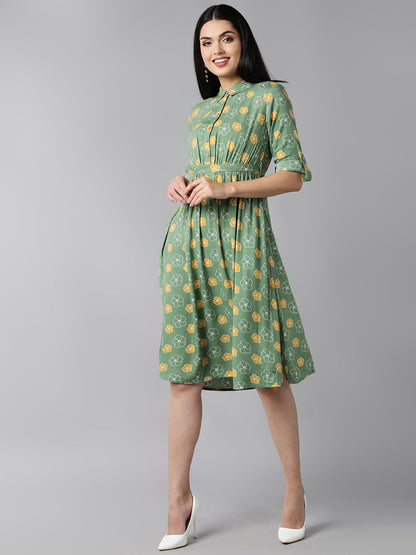 Women's Green Cotton Floral Printed Dress