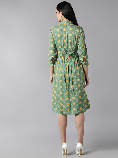 Women's Green Cotton Floral Printed Dress