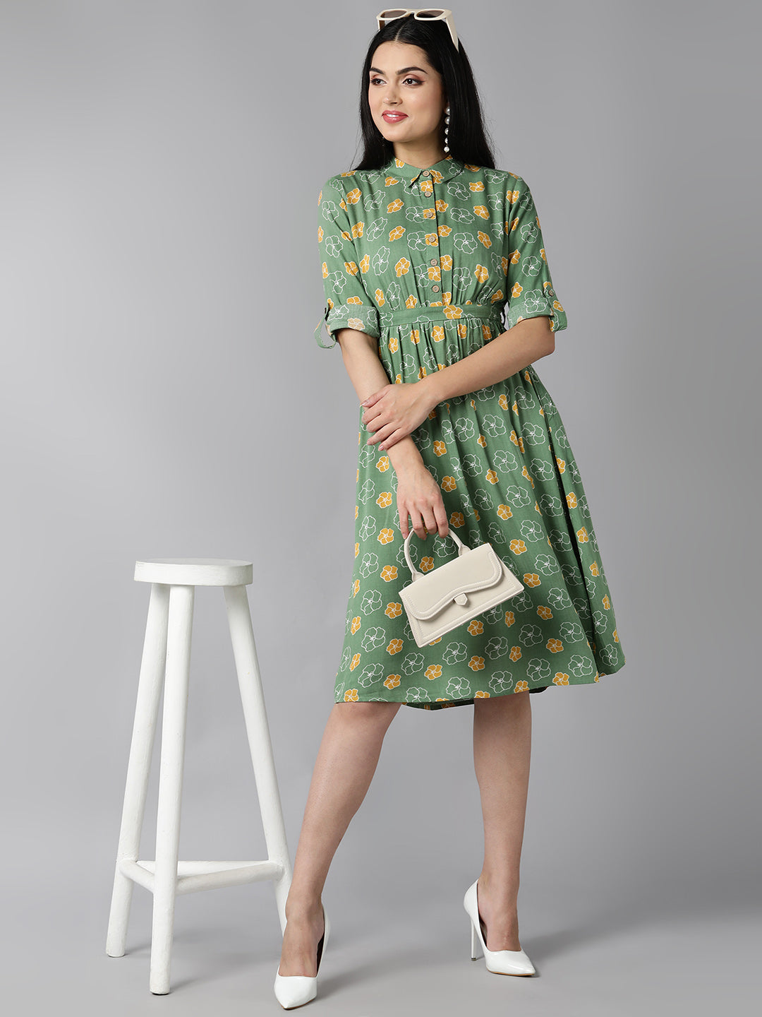 Women's Green Cotton Floral Printed Dress