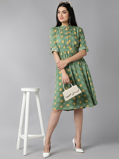 Women's Green Cotton Floral Printed Dress