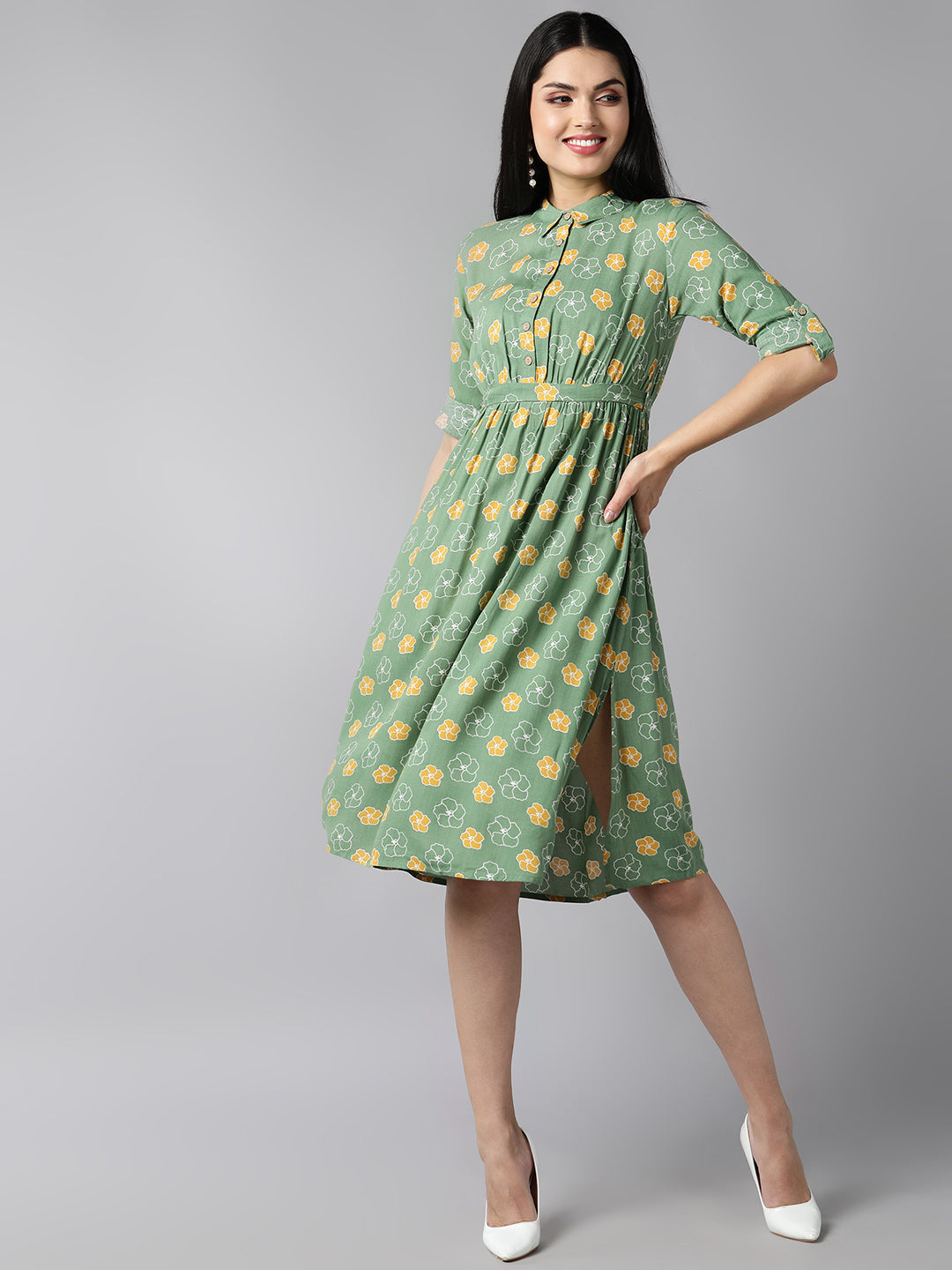 Women's Green Cotton Floral Printed Dress