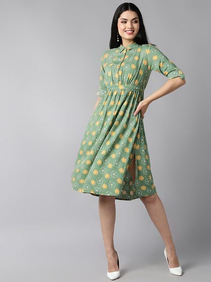 Women's Green Cotton Floral Printed Dress