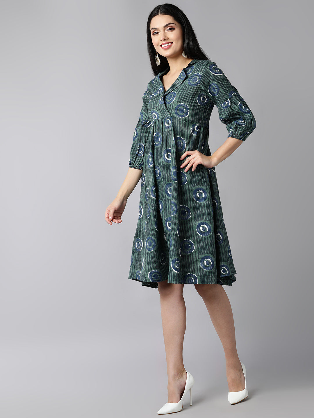 Women's Green Cotton Geometric Printed Dress