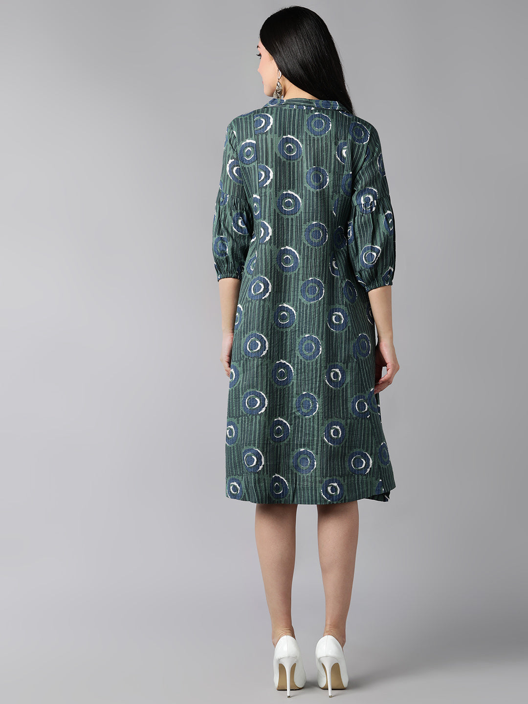 Women's Green Cotton Geometric Printed Dress