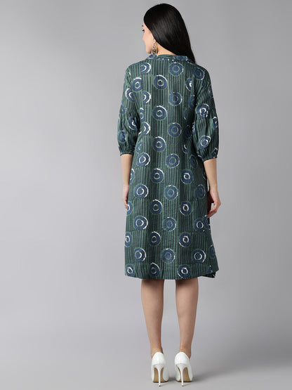 Women's Green Cotton Geometric Printed Dress
