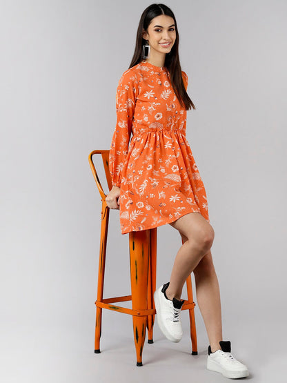 Women's Orange Polyester Floral Printed Dress