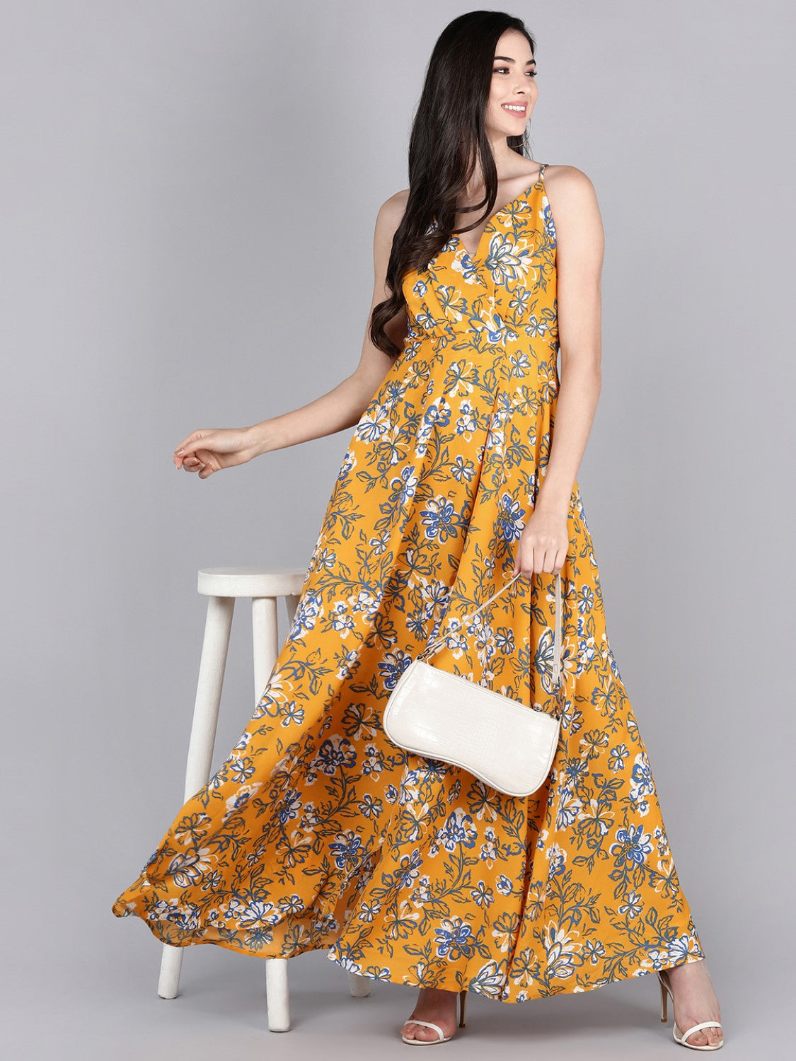Women's Mustard Polyester Floral Printed Dress