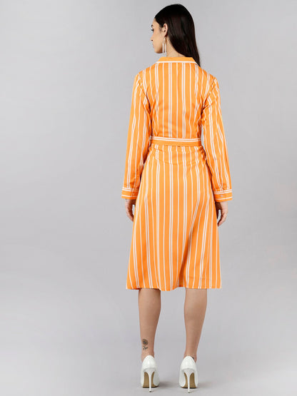 Women's Orange Polyester Striped Printed Dress