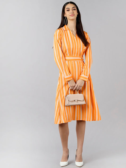 Women's Orange Polyester Striped Printed Dress