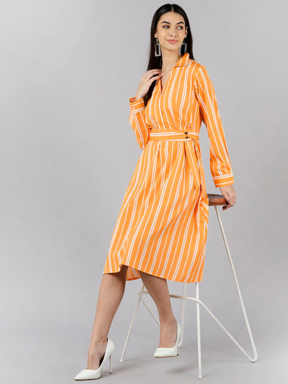 Women's Orange Polyester Striped Printed Dress