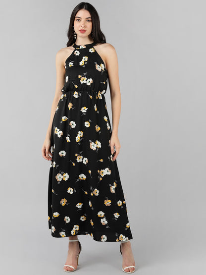 Women's Black Georgette Floral Printed Dress