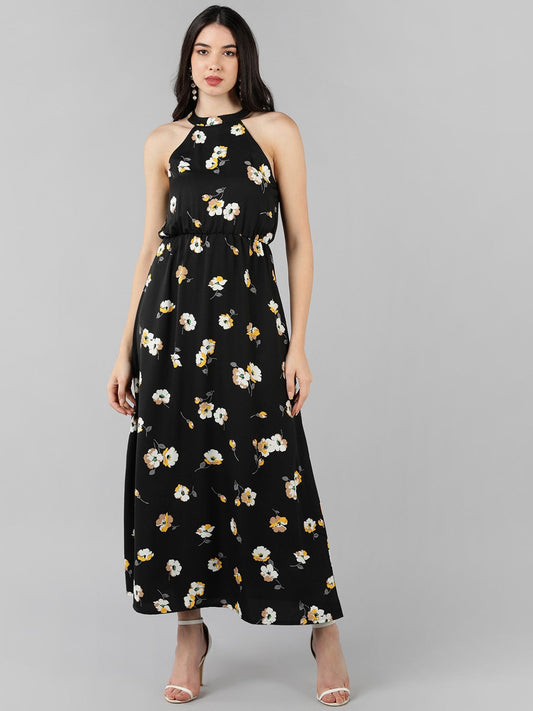 Women's Black Georgette Floral Printed Dress