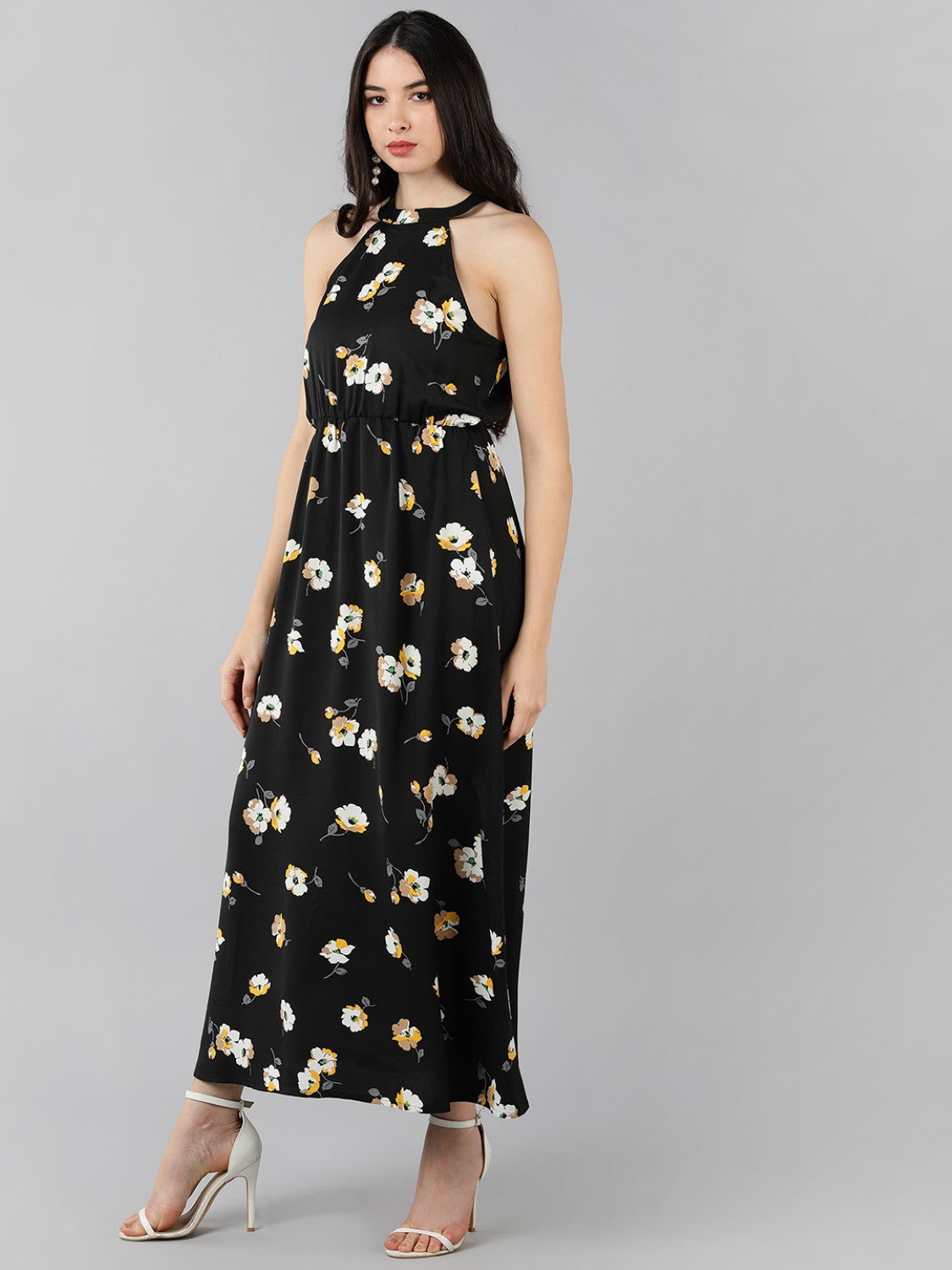 Women's Black Georgette Floral Printed Dress