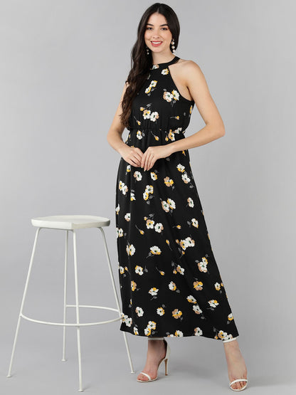 Women's Black Georgette Floral Printed Dress