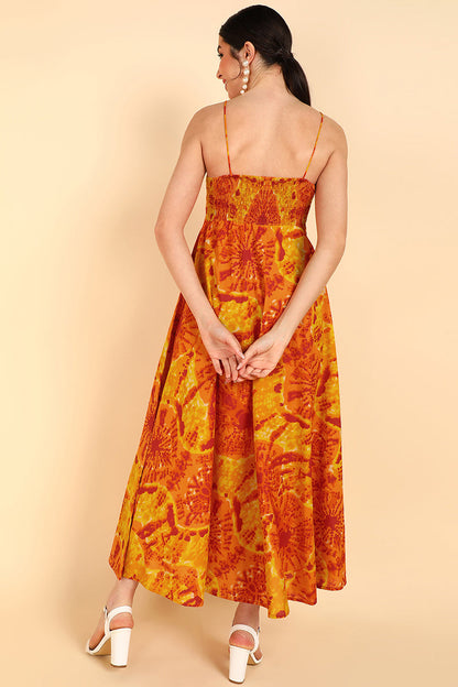 Women's Orange Cotton Tie And Dye Printed Dress