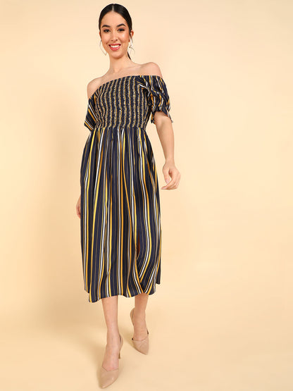 Women's Navy Blue Polyester Striped Printed Dress
