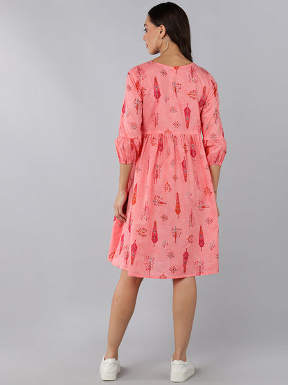Women's Pink Cotton Ethnic Motifs Printed Dress