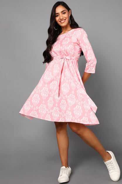 Women's Pink Cotton Ethnic Motifs Printed Dress