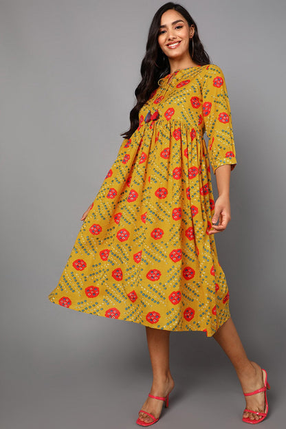 Women's Yellow Cotton Bandhani Printed Dress