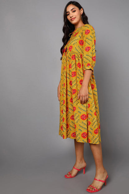 Women's Yellow Cotton Bandhani Printed Dress