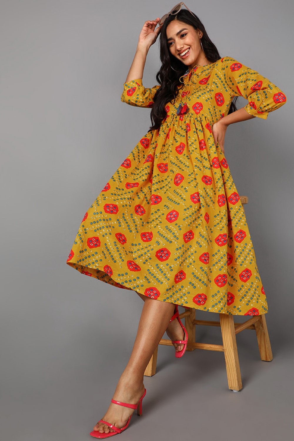 Women's Yellow Cotton Bandhani Printed Dress