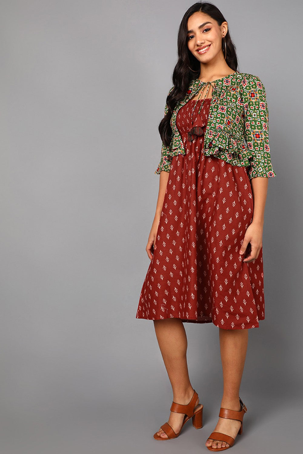 Women's Red Cotton Ethnic Motifs Printed Dress