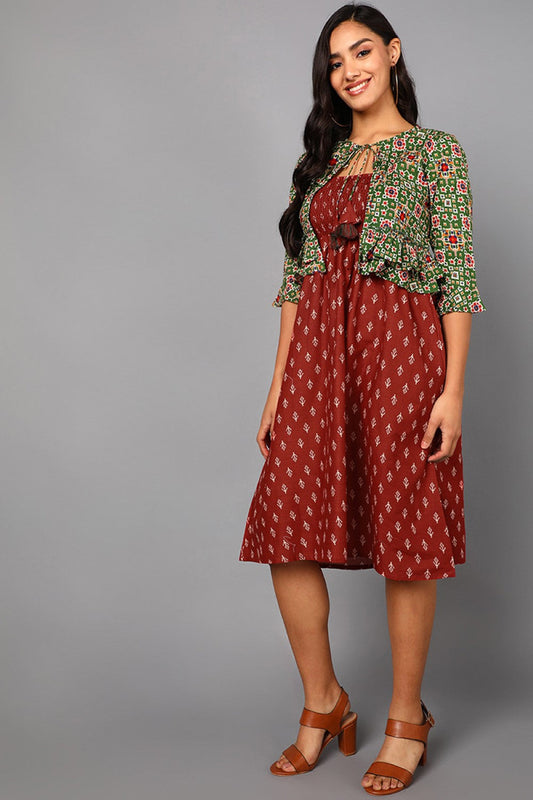 Women's Red Cotton Ethnic Motifs Printed Dress