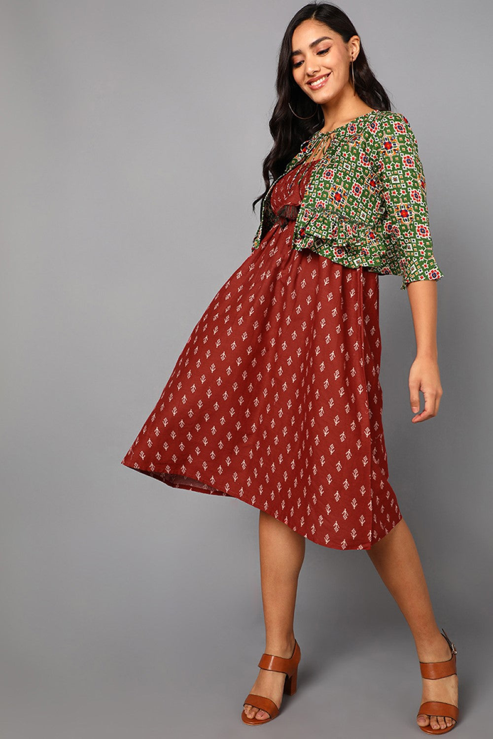 Women's Red Cotton Ethnic Motifs Printed Dress